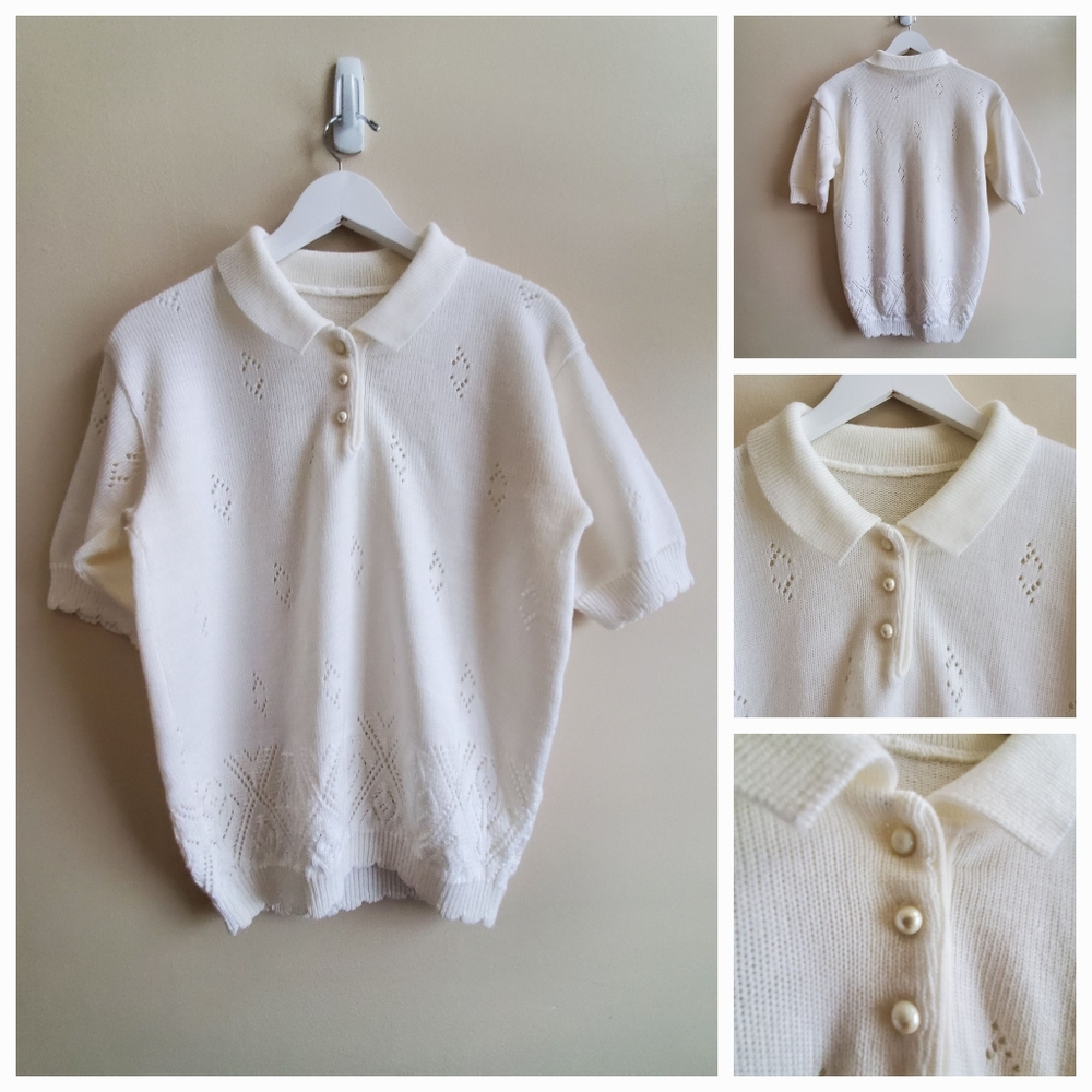 Vintage Half button up Sweater with short sleeve with pearl like button closure